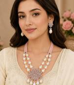 Elegant pink lotus pearl statement necklace set with earrings | american diamond & pearl bridal jewellery