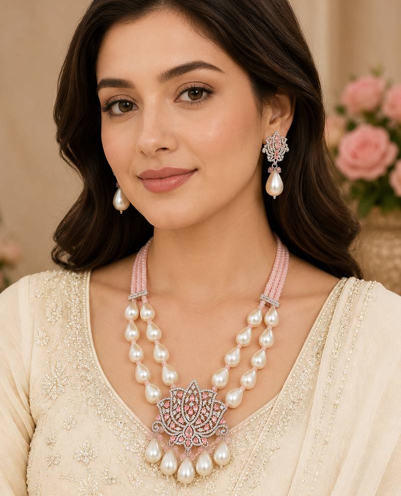 Elegant pink lotus pearl statement necklace set with earrings | american diamond & pearl bridal jewellery