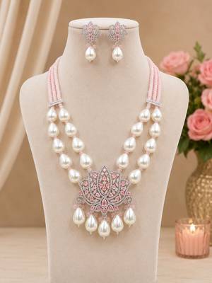 Elegant pink lotus pearl statement necklace set with earrings | american diamond & pearl bridal jewellery 2