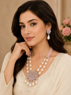 Elegant pink lotus pearl statement necklace set with earrings | american diamond & pearl bridal jewellery 3
