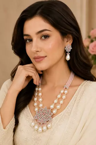 Elegant pink lotus pearl statement necklace set with earrings | american diamond & pearl bridal jewellery