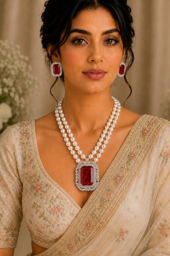 Royal ruby red crystal & pearl double strand necklace set with earrings | statement party & bridal jewellery