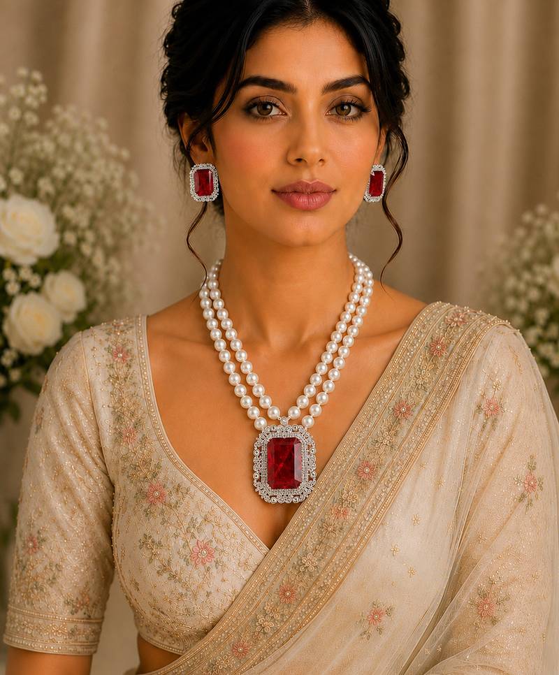 Royal ruby red crystal & pearl double strand necklace set with earrings | statement party & bridal jewellery