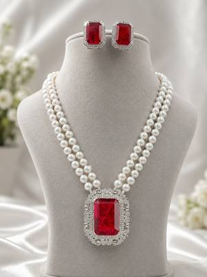 Royal ruby red crystal & pearl double strand necklace set with earrings | statement party & bridal jewellery 2