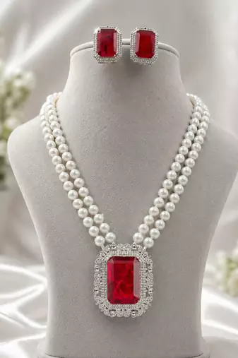 Royal ruby red crystal & pearl double strand necklace set with earrings | statement party & bridal jewellery