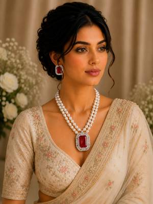 Royal ruby red crystal & pearl double strand necklace set with earrings | statement party & bridal jewellery 3