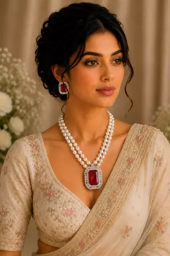 Royal ruby red crystal & pearl double strand necklace set with earrings | statement party & bridal jewellery