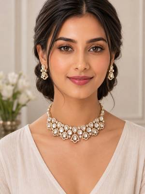 Elegant gold-toned kundan & pearl statement necklace set with earrings | traditional wedding jewellery for women 1
