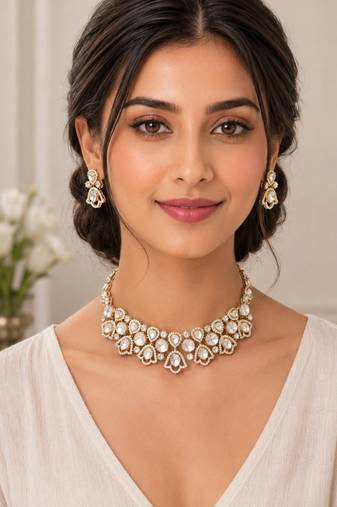 Elegant gold-toned kundan & pearl statement necklace set with earrings | traditional wedding jewellery for women