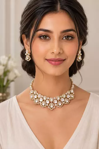 Elegant gold-toned kundan & pearl statement necklace set with earrings | traditional wedding jewellery for women