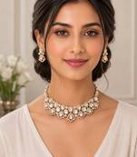 Elegant gold-toned kundan & pearl statement necklace set with earrings | traditional wedding jewellery for women