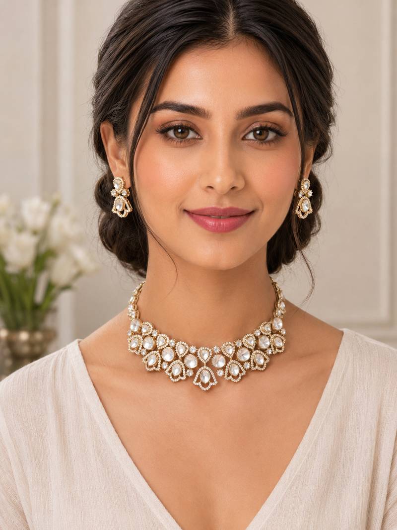 Elegant gold-toned kundan & pearl statement necklace set with earrings | traditional wedding jewellery for women