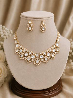Elegant gold-toned kundan & pearl statement necklace set with earrings | traditional wedding jewellery for women 2
