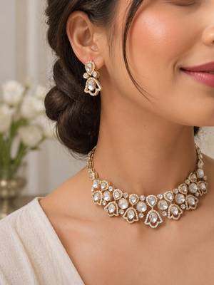Elegant gold-toned kundan & pearl statement necklace set with earrings | traditional wedding jewellery for women 3