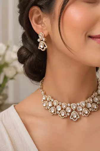 Elegant gold-toned kundan & pearl statement necklace set with earrings | traditional wedding jewellery for women