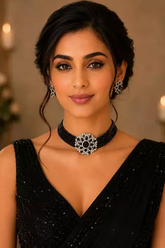 Royal black crystal floral choker necklace set with matching stud earrings