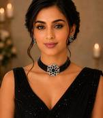 Royal black crystal floral choker necklace set with matching stud earrings