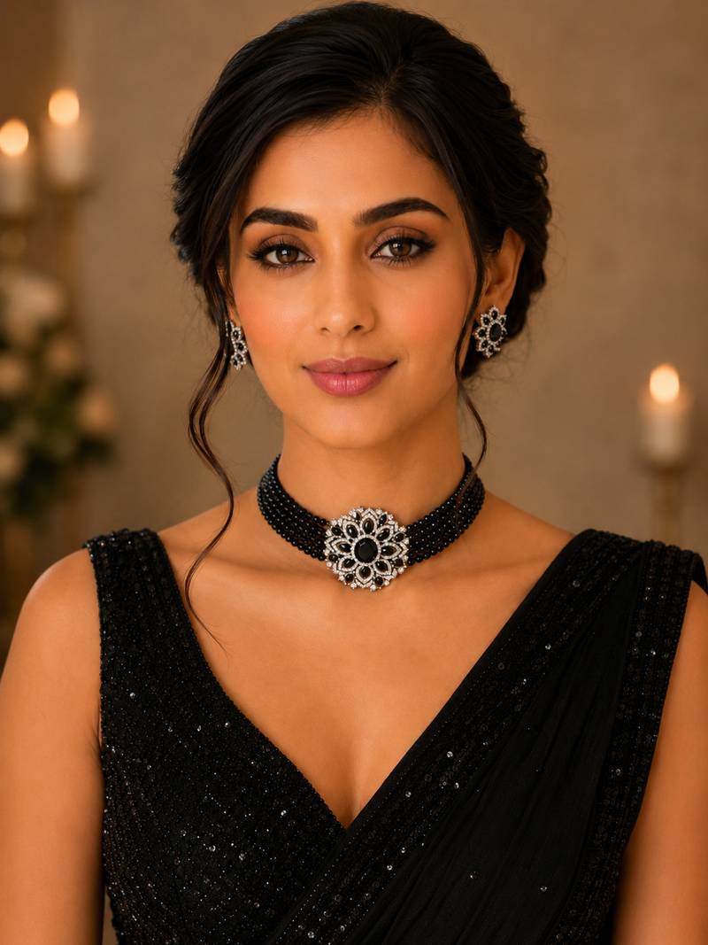 Royal black crystal floral choker necklace set with matching stud earrings