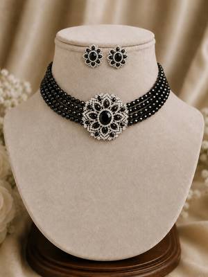 Royal black crystal floral choker necklace set with matching stud earrings 2