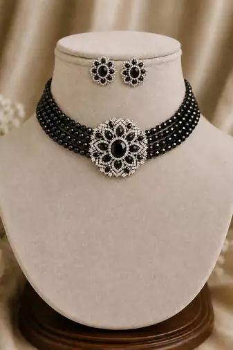 Royal black crystal floral choker necklace set with matching stud earrings