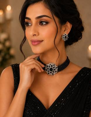 Royal black crystal floral choker necklace set with matching stud earrings 3