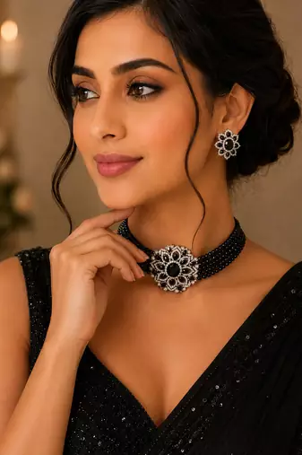 Royal black crystal floral choker necklace set with matching stud earrings