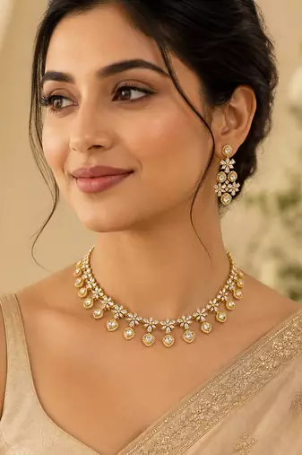 Elegant kundan-inspired floral drop choker necklace set with dangle earrings