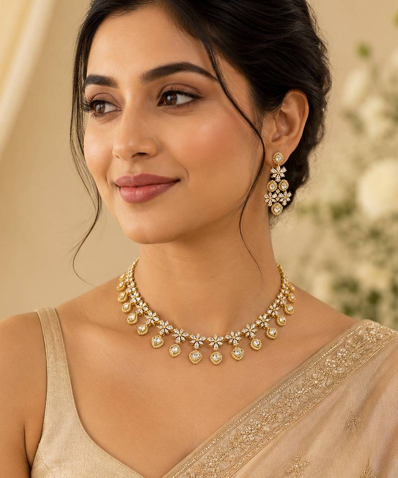 Elegant kundan-inspired floral drop choker necklace set with dangle earrings