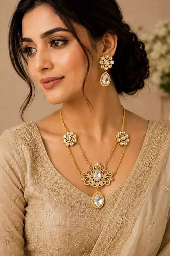 Elegant white stone dual chain pendant necklace set with matching earrings for women