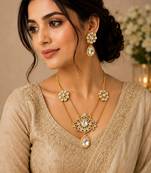 Elegant white stone dual chain pendant necklace set with matching earrings for women