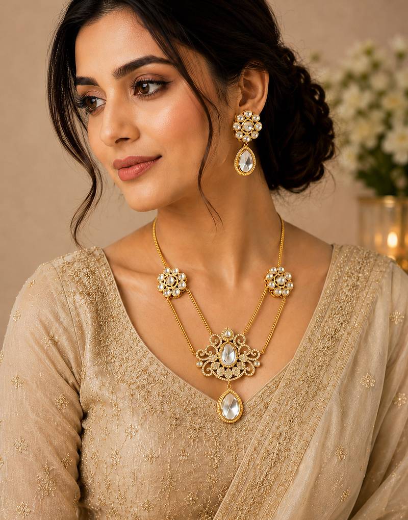 Elegant white stone dual chain pendant necklace set with matching earrings for women