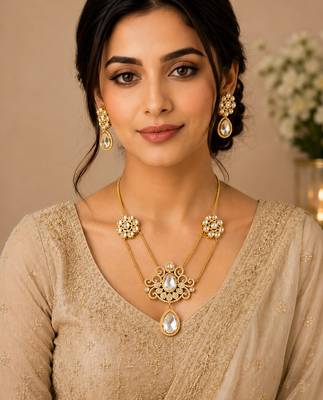 Elegant white stone dual chain pendant necklace set with matching earrings for women 2