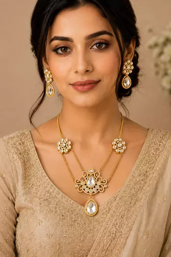 Elegant white stone dual chain pendant necklace set with matching earrings for women