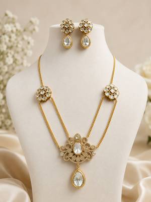 Elegant white stone dual chain pendant necklace set with matching earrings for women 3