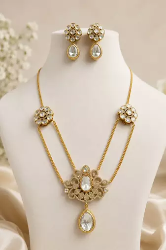 Elegant white stone dual chain pendant necklace set with matching earrings for women