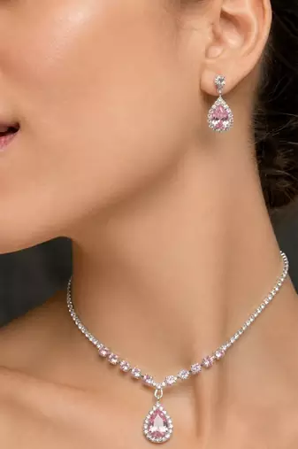 Pink teardrop halo jewelry set