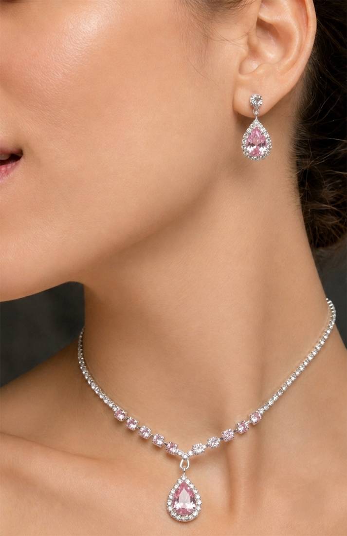 Pink teardrop halo jewelry set