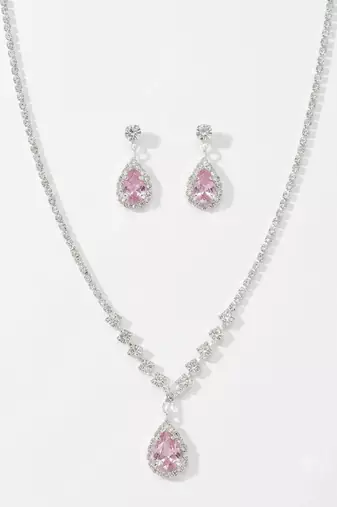 Pink teardrop halo jewelry set