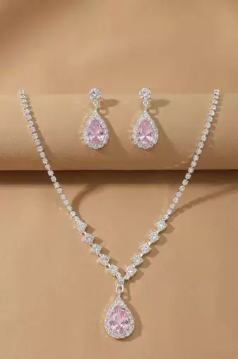 Pink teardrop halo jewelry set