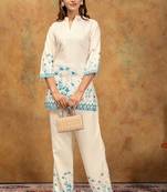 White & blue floral printed cotton co-ord set for women