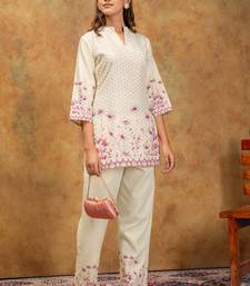 White & pink floral printed cotton co-ord set for women