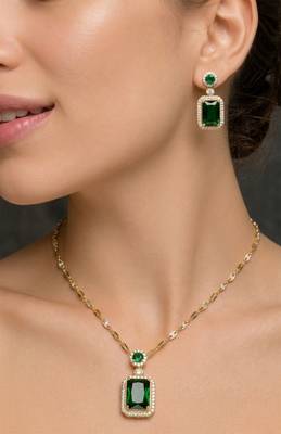 Emerald rectangular halo jewelry set 1