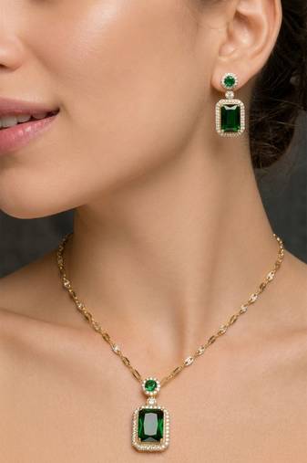 Emerald rectangular halo jewelry set