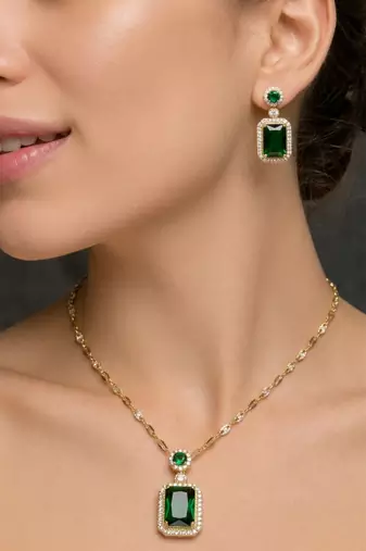 Emerald rectangular halo jewelry set