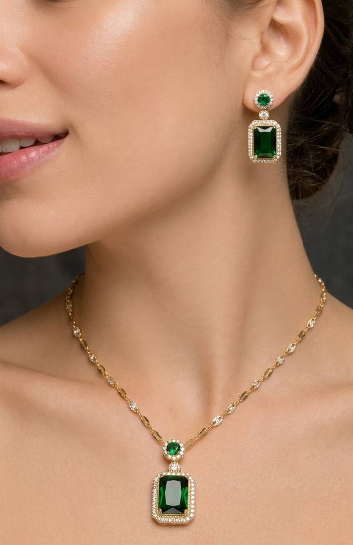Emerald rectangular halo jewelry set