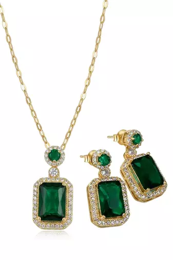 Emerald rectangular halo jewelry set