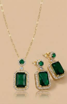 Emerald rectangular halo jewelry set 3