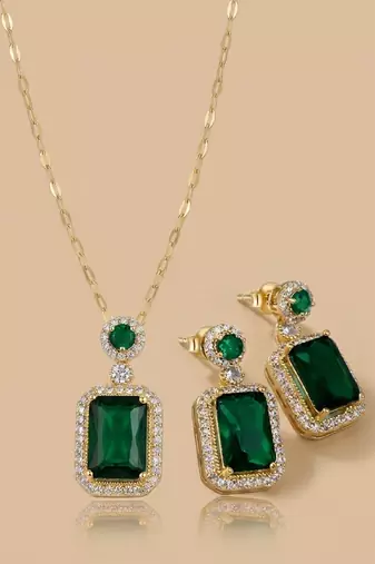 Emerald rectangular halo jewelry set