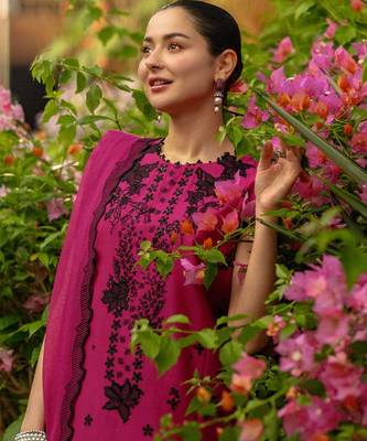 Pink roman silk embroidered suit set with pant & dupatta 2