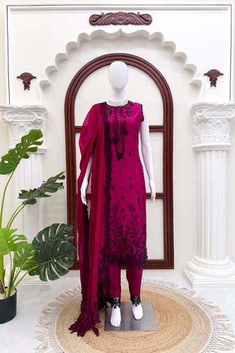 Pink roman silk embroidered suit set with pant & dupatta